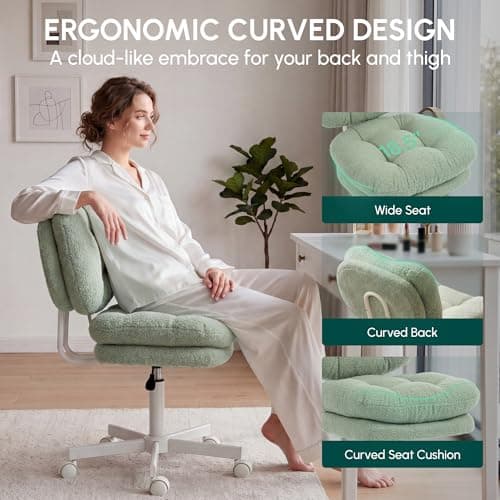 Dowinx Vanity Chair with Wheels, Double-Layered Thickened Cushion Makeup Chair with High Backrest, Armless Swivel Ergonomic Comfy Desk Chair for Home Office, Adjustable Height for Bar Counter-Green - Thumbnail 4