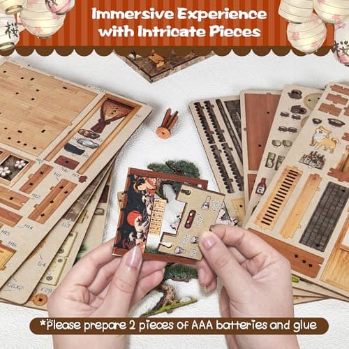 Soothee Japanese DIY Book Nook Kit with LED Lights - 3D Puzzles for Adults & Teens, Miniatures for Bookshelf Decor, Relaxing & Unique Easter Gift for Craft Lovers (Yakitori Grill House) - Thumbnail 6
