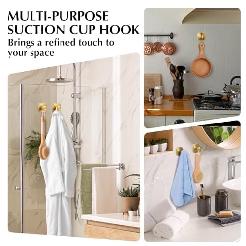 warlve Suction Cup Hooks for Shower - Reusable No-Drill Mounting - Hooks for Towels, Robes & Loofah on Metal, Glass, Mirrors, Tile & Smooth Non-Porous Surfaces (2, Brushed Gold) - Thumbnail 3