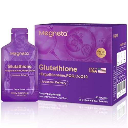 MEGNETA Liposomal Glutathione Supplement – 500mg Glutathione with PQQ, CoQ10 & Vitamin C – High Absorption Antioxidant for Immune & Energy Support – Grape Flavor, 30 Pouch