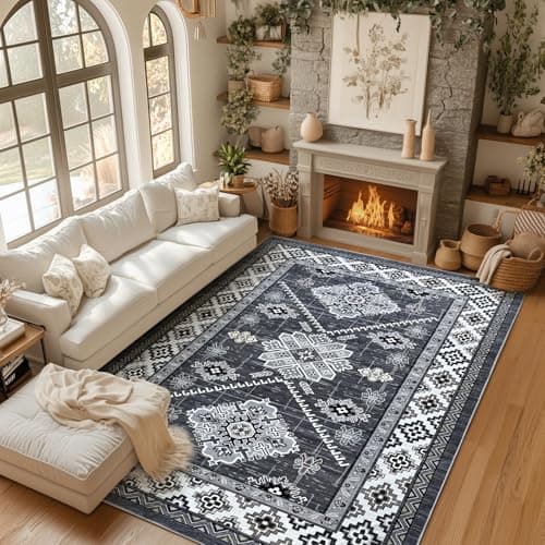 Boho Washable Area Rug 5x7, Large Soft Rugs for Living Room Farmhouse Vintage Grey Carpet 5x7 Area Rugs for Bedroom Dining Room Non-Slip Stain Resistant Under Table Rug
