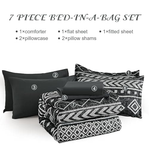 Yiran Queen Comforter Set, 7 Pieces Black Reversible Bedding Set, Boho Aztec Bed in A Bag, Lightweight Soft Bed Comforter Set with Sheets, Pillowcases & Shams - Thumbnail 6