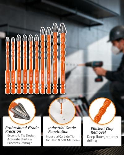 Masonry Drill Bit Set BGTEC - 10PCS 3/16" - 1/2" Carbide Eccentric Drill Bit for Masonry/Brick/Concrete/Tile/Glass/Wood/Plastic/Marble - Thumbnail 5