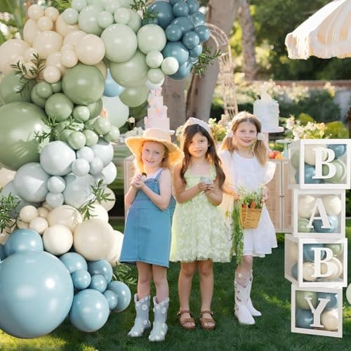 Dusty Blue Sage Green Balloon Baby Shower Decorations, 132Pcs Fog Blue Light Blue Green Sand White Balloon Arch Garland Kit Baby Box with Letters for Boho Baby Shower Gender Reveal Party Decorations - Thumbnail 4