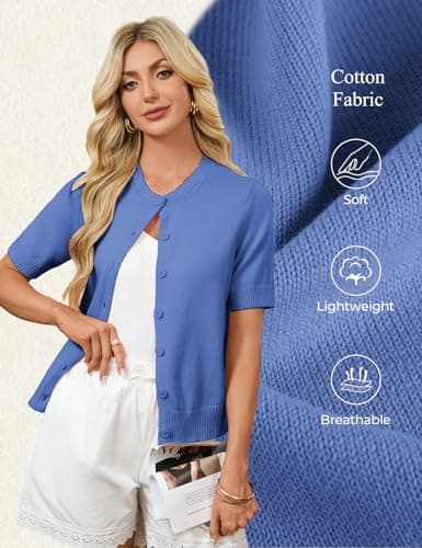 GRACE KARIN Women's Blue Short Sleeve Cardigan, Plus Size Summer Lightweight Cardigans, Basic Button Down Ribbed Sweater - Thumbnail 5