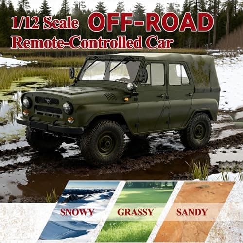 XMFHANG 1:12 Scale 4WD RC Truck, RC Crawler with Proportional Steering & Throttle, Realistic Military Off-Road Truck Model, Metal Chassis Frame, 2.4GHz Remote Control Toy for Adults & Kids Green - Thumbnail 2