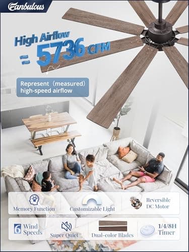 Fanbulous 65 Inch Ceiling Fan with Light and Remote, 6 Speeds Reversible DC Motor Ceiling Fans for Living Room Patio Garage, 3CCT Dimmable LED, 8 Wood Blades, Downrod Mount, Sloped Ceiling Compatible - Thumbnail 2