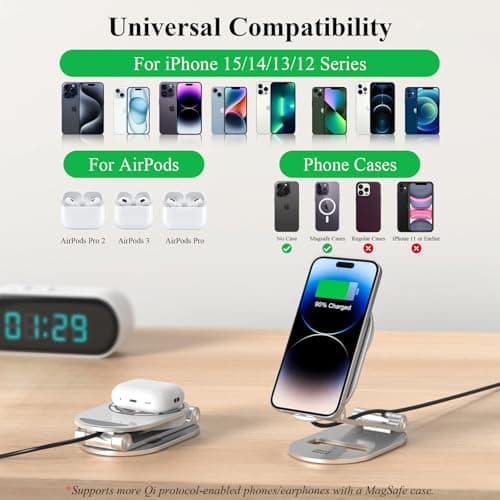 Magnetic Wireless Charger, Minthouz Foldable Mag Safe Charging Stand, Adjustable Wireless Charging Station with 20W Wall Adapter, for iPhone 16 15 14 13 12 Pro/Max/Plus, AirPods 3/Pro 2/Pro - Thumbnail 2