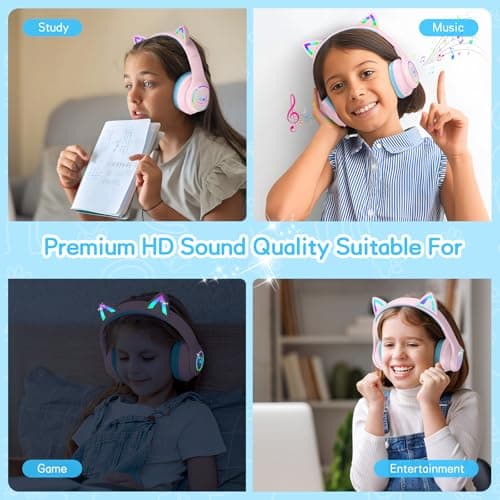 LOBKIN Kids Bluetooth Headphones,Over Ear Kids Headphones Wireless with Mic 50H Playtime Colorful LED Lights AUX Cord 94dB Safe Volume Limited Foldable Design for Boy Girl Travel/School/iPad - Thumbnail 6