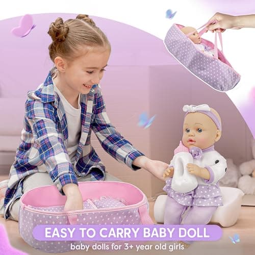 SMILESSKIDDO Baby Doll with Accessories, 12" Dolls Playset with Washable Carrier Bassinet Bed, Bottle, Blanket, and Pillow, Soft Body Baby Dolls for 2+ Year Old Girls - Thumbnail 6