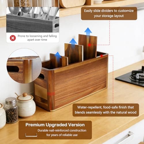 VLXXOI Large 4-Compartment Acacia Wooden Utensil Holder, Rustic Kitchen Counter Organizer, Extra Large Wood Storage Container for Cooking Utensils and Silverware - Thumbnail 3
