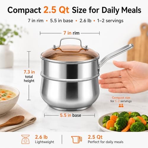WANGYUANJI 2.5 Quart Stainless Steel Saucepan with Steamer Basket - 2-in-1 Multipurpose Steamer Pot for Cooking, Veggies & Pasta - Tri-Ply Bottom Induction Sauce Pan with Glass Lid, Silver - Thumbnail 3