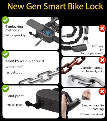 Chain Lock with Key eLinkSmart Waterproof Bicycle 100CM Chain Lock for Bike Scooter Motorcycle Door Fence Gate Fingerprint Bluetooth App Heavy Duty Outdoor Security - Thumbnail 3