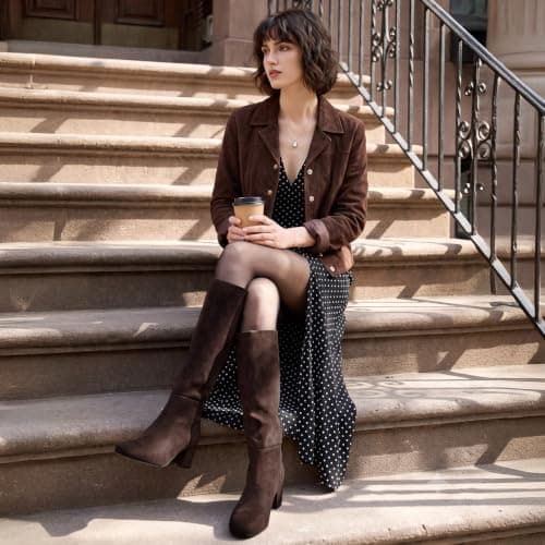Athlefit Knee High Boots Women Chunky Heel Tall Fall Boots Brown Suede 7 - Thumbnail 2