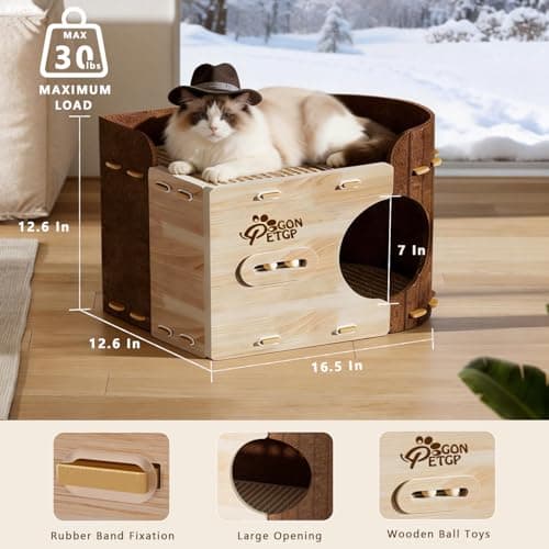 GONPETGP Cat Beds for Indoor Cats, Cat House Cave with Wooden Play Ball Scratch Pad, Detachable Felt Cat Condo Hideaway for Multiple Small Pets and Kittens - Thumbnail 2