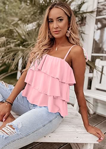 KIRUNDO Spaghetti Strap Ruffle Babydoll Peplum Tank Tops for Women 2026 Summer Cute Flowy Beach Vacation Cruise Outfits(Pink, Large) - Thumbnail 5