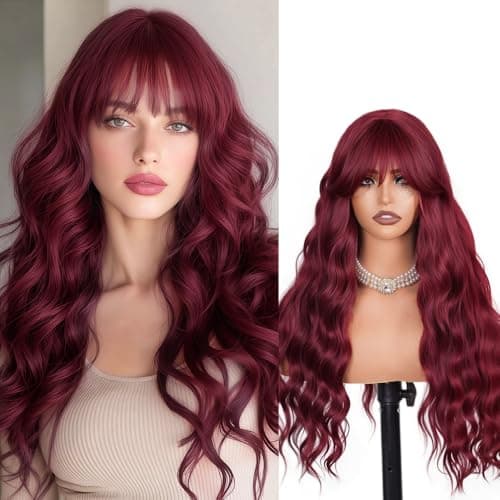 Potoki Long Wavy Burgundy Wig With Bangs Heat Resistant Synthetic Wigs For Women 26 Inch Free Soft Body Wave Red Wig With Natural Appearance Suitable For Beginners Festival Holiday Use - Image 1