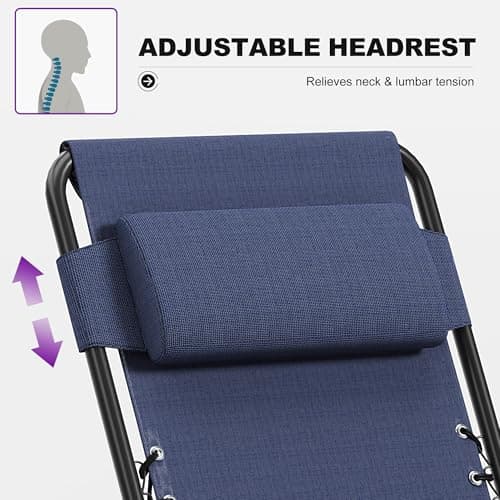 PURPLE LEAF Outdoor Reclining Chair Set of 2 Patio Zero Gravity Chaise Lounge Folding Chair with Removable Cushion Adjustable Headrest for Lawn Camping Beach Pool Navy Blue - Thumbnail 6