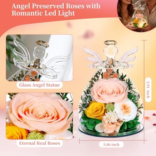 Puppiluv Preserved Rose Gifts for Women, Forever Flowers Eternal Roses in Glass Angel Figurines, Fresh Flowers for Delivery Prime, Birthday Gifts for Mom Her Wife Grandma on Anniversary, Champagne - Thumbnail 2