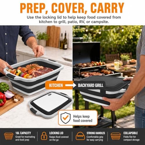 Collapsible BBQ Prep Tub with Cutting Board & Lid, Folding Food Container BPA-Free Heavy-Duty, Dishwasher Safe, Upgraded Drain Hole - for Camping, Grilling Outdoor Cooking (Black, X-Large) - Thumbnail 4