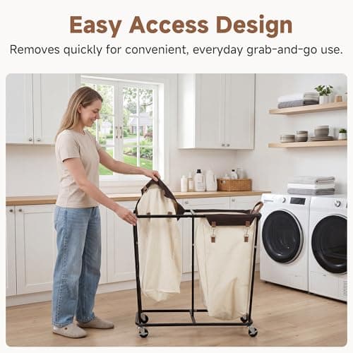 StorageWorks 280L Large Laundry Hamper with Wheels, Laundry Basket with Wheels 2 Sections, Clothes Sorter Cart with Divider for Hotel, Home, Beige, 1-Pack - Thumbnail 6
