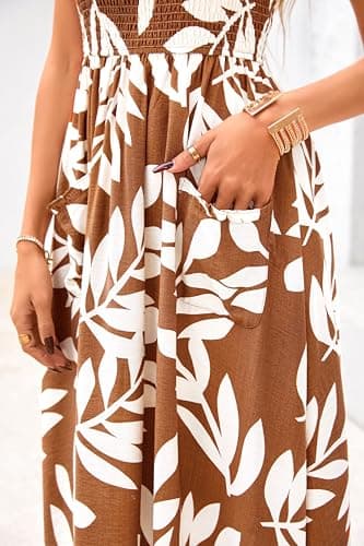 PRETTYGARDEN Womens Summer Dresses 2026 Casual Spaghetti Strap Ruffle Smocked Flowy Floral Spring Maxi Dress with Pocket(Khaki,X-Large) - Thumbnail 6