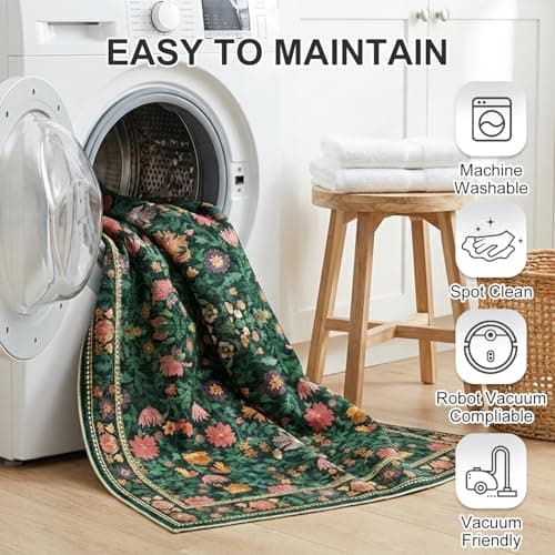 Cnythlis 9'x12' Washable Non-Slip Extra Large Living Room Rug, Vintage Botanical 0.26" Low Pile Faux Wool Soft Water Resistant Carpet, Dark Green - Thumbnail 4