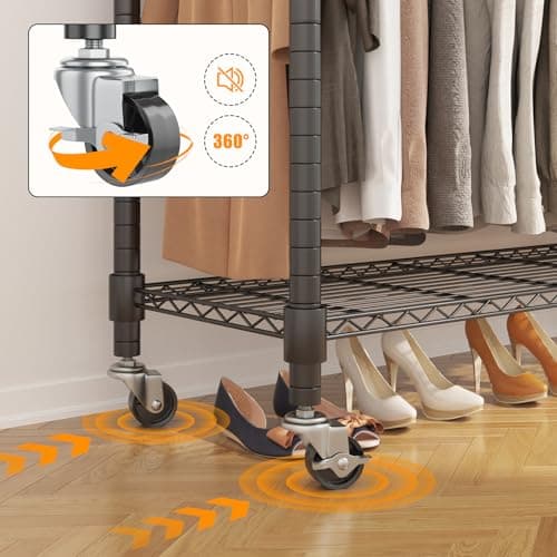 BATHWA Rolling Tall Garment Rack with 2 Rods & 3-Tier Adjustable Shelves, 35.5" W x 16.5" D x 80.7" H, Heavy Duty Clothes Hanging Racks Portable Wardrobe Closet Organizer for Bedroom, Laundry, Black - Thumbnail 3