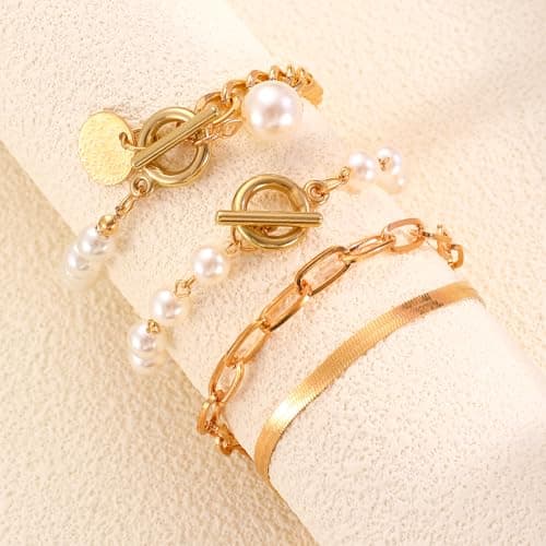 Alegend 14K Gold & Pearl Layered Bracelet Set - Freshwater Pearl, Paperclip Chain & Textured Cuff Stackable Bracelets - Thumbnail 6