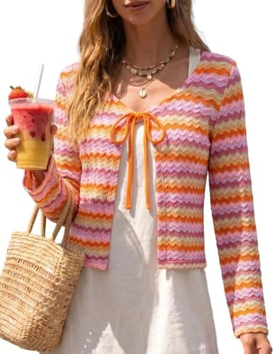 ZAFUL Swimsuit Coverup Shirt for Women Crochet Cardigan Bathing Suit Cover Up Long Sleeve Cover Ups Top Zigzag Orange M - Image 1