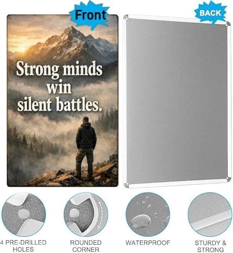 Strong Minds Win Silent Battles Tin Sign Inspirational Quote Metal Wall Decor Vintage Mountain Fog Artwork Motivational Rustic Plaque for Home Office Gym Man Cave Cabin Wall Art 8x12 Inch - Thumbnail 6