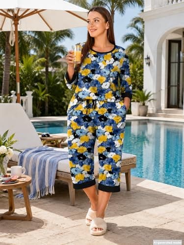 AusLook Women’s Plus Size Pajama Sets Floral 3/4 Sleeve Nightwear Top and Capri Pants 2 Piece Lounge Set with Pockets - Thumbnail 2