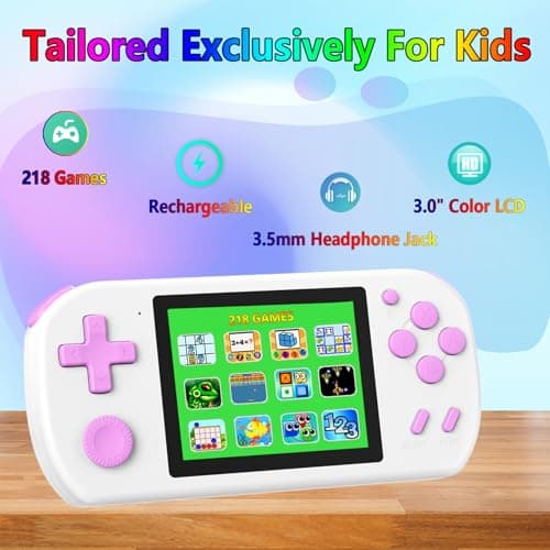 TEBIYOU Handheld Games for Kids Built-in 218 Video Games, Portable Kids Travel Toys for Ages 4-13 with Rechargeable Battery 3.0" HD Screen, Mini Gaming Player Birthday Gifts for Boys Girls (White) - Thumbnail 2