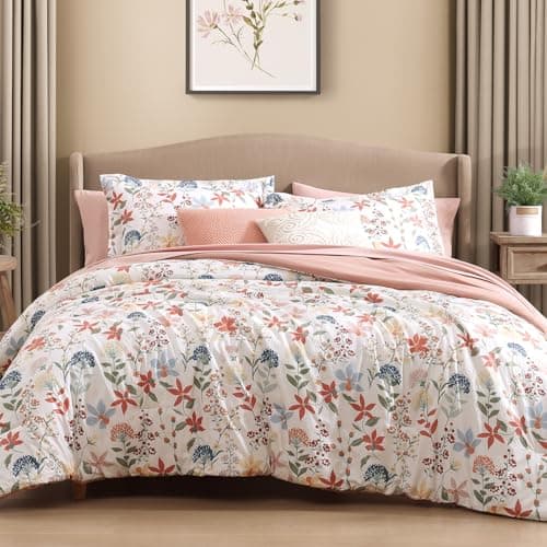 CASAAGUSTO King Comforter Set, 7 Pieces Bed in a Bag King Clay Pink Floral Comforter Set with Flowers Leaves Pattern, Soft Seersucker Design All Season King Size Bedding Set - Thumbnail 2