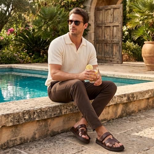 KENMITDY Men's Slide Sandals Adjustable Velcro Strap Comfortable PU Leather Open Toe Summer Shoes Non-Slip Thick Sole Casual Slides for Indoor Outdoor Beach Daily Wear Brown Size 10 - Thumbnail 2