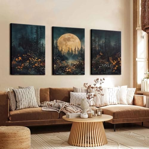 3Pcs Full Moon Forest Canvas Wall Art Nature Landscape Wildflower Wall Decor Pictures Moody Dark Academia Forest Posters Prints for Gallery Bedroom Living Room Home Decoration 16x24in - Thumbnail 3