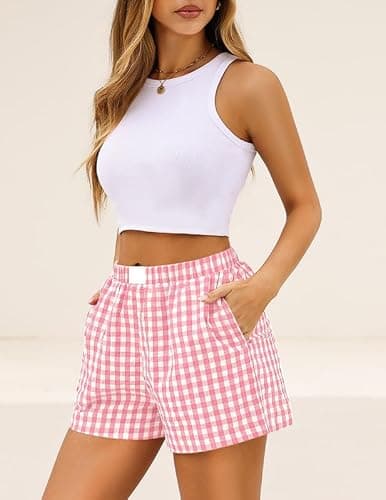 Marvmys Cotton Boxers for Women Lightweight Shorts Baggy Boxer Shorts Elastic Waist Plaid Pj Bottoms Pink M - Thumbnail 4