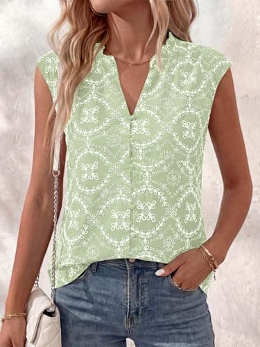 BTFBM Boho Tops for Women Summer Outfits Eyelet Embroidered Sleeveless Button Down Shirts Beach Vacation Clothes 2026(Light Green, X-Large) - Thumbnail 2