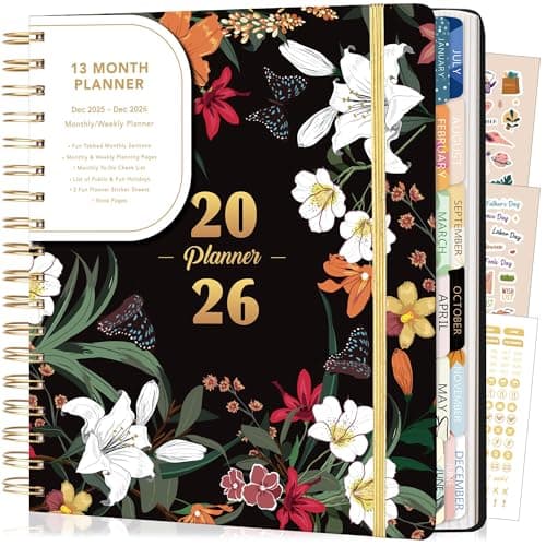 CAGIE 2026 Planner Weekly and Monthly from Dec 2025 to Dec 2026 Hardcover Spiral Bound Calendar Yearly Agenda Planners for Women with Stickers, 8.3 x 9.1, Black Floral - Image 1