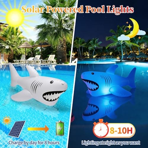 40inch Solar Pool Floats Lights, IP68 Waterproof Solar Powered Shark Floating Pool Lights,16 Colors RGB Inflatable Light Up Pool Float for Above Ground Pools, Outdoor Swimming Pool Decorations - Thumbnail 2