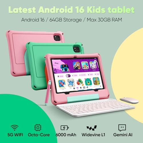 aiprotablet Kids Tablet, Android 16 Tablet for Kids 10 inch Octa-Core 2.2GHz with Case, 30GB RAM 64GB ROM, 2TB Expand, Parental Control, Dual Camera, BT, WiFi, with Keyboard Mouse Stylus, Gift (Pink) - Thumbnail 2