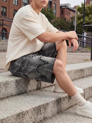 JMIERR Baggy Jeans Shorts for Men Oversized Fit Knee-Length Wide Leg Jorts Y2K Vintage Streetwear Denim Shorts with Star Patches, Gray, X-Small - Thumbnail 3