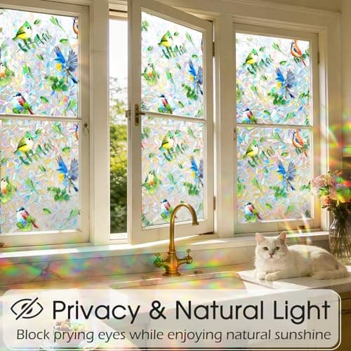 Stained Glass Privacy Window Film 3D Rainbow Bird & Leaf Window Privacy Film Decorative Static Cling UV Blocking No Peeling No Glue with Installation Kit for Kitchen Bathroom Rental 29.5" W x 78.7" H - Thumbnail 2