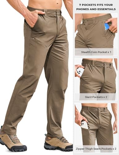 MOURCE Hiking Pants Men Lightweight Quick-Dry - Water Resistant Travel Pants for Men Zipper Pockets, MudKhaki 32L - Thumbnail 2