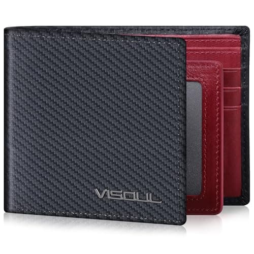 VISOUL Wallet for Men with 2 ID Windows 8 Credit Card Slots 2 Cash Compartments, Carbon Fiber Leather Bifold Mens Wallet with RFID Blocking (Carbon Fiber Black+Burgundy) - Image 1
