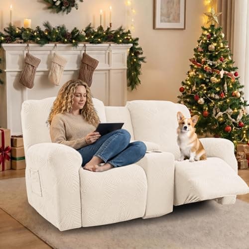 Cushonix Recliner Loveseat Covers with Console,6-Piece Stretch Geometric Strokes Jacquard Reclining Chair Slipcovers,Seamless Furniture Protector,Soft Breathable Couch Cover for Pets Kids,Beige - Thumbnail 5