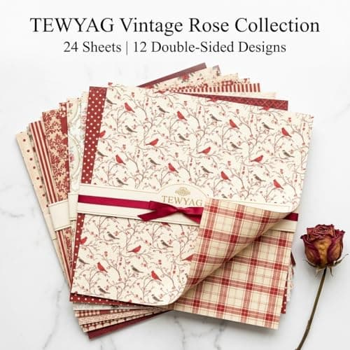 12x12 Scrapbook Paper & Scrapbooking Supplies, Vintage Red Double-Sided Patterned Cardstock Pad, Decorative Craft Sheets for Junk Journal & Photo Album, 24 Sheets - Thumbnail 5