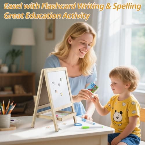 Tabletop Painting Wooden Art Easel for Kids - 4-in-1 Double-Sided Drawing Board for Toddlers 2-4, Chalkboard & Dry Whiteboard with Markers, Eraser, Magnetic Letters/Numbers & Flashcards - Thumbnail 6