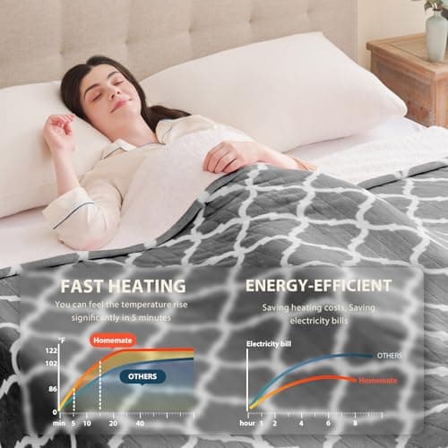 Homemate Heated Blanket Electric Throw - 50“x60“ Heating Blanket with 10 Fast Heat Levels 8 Hours Auto Off Soft Cozy Flannel Over-Heated Protection ETL Certification Keep Warming in Home - Thumbnail 4
