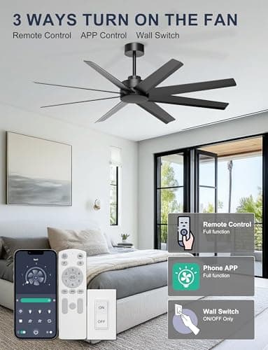 Ohniyou 60'' Ceiling Fan No Light - Modern Black 8 Blades Ceiling Fan Remote/APP Control, DC Motor Outdoor Fan for Covered Patio, Living Room, Shop, Garage - Thumbnail 2